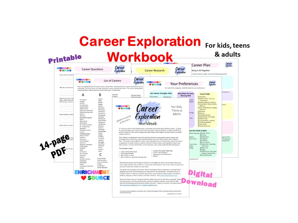 Career Exploration Workbook for Kids, Teens, and Adults, Printable, Digital Download