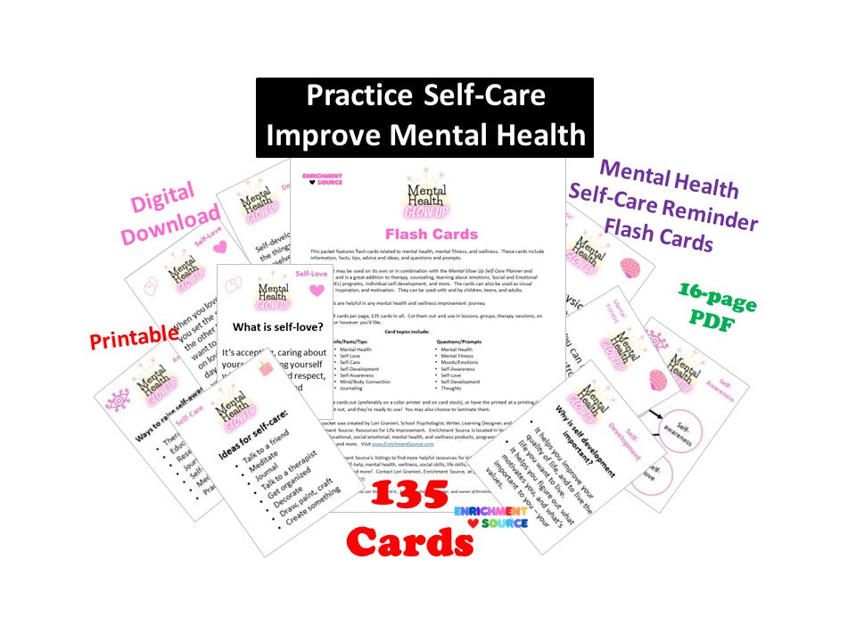 Mental Health Glow Up Flash Cards, Signs, Visual Reminders