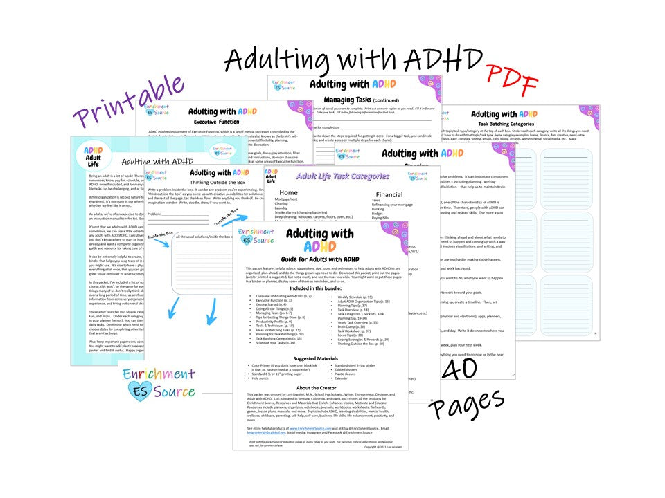 Adulting with ADHD Workbook, Journal, Booklet Packet