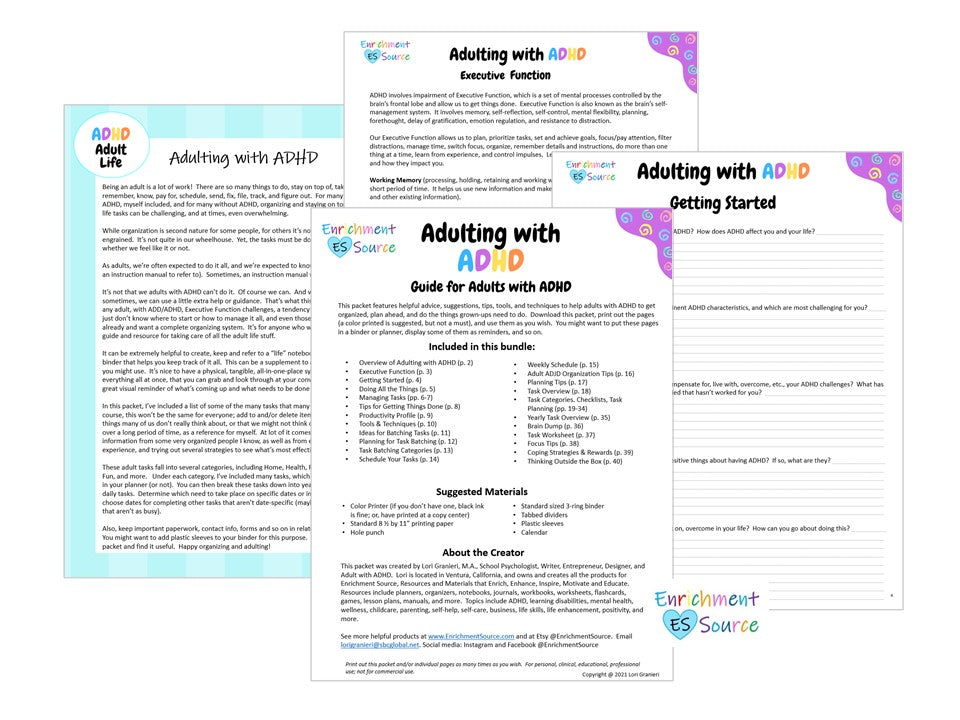 Adulting with ADHD Workbook, Journal, Booklet Packet
