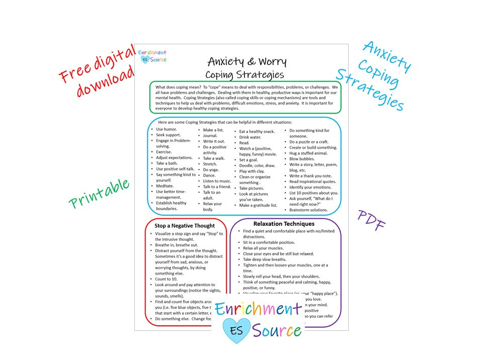 Anxiety and Worry Coping Strategties Sheet - FREE Digital Download