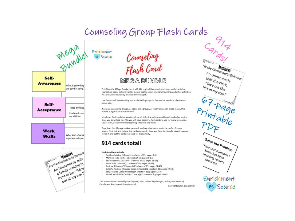 Counseling and Social Skills Flash Cards Mega Bundle - 914 cards - Printable