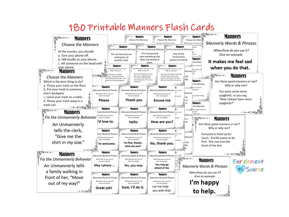 Manners Flash Cards Bundle, 180 Printable Cards