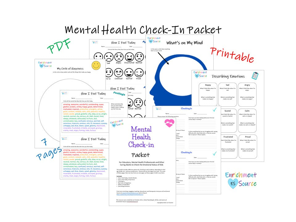 Mental Health Wellness Check-In Packet for Teachers, Counselors, and More
