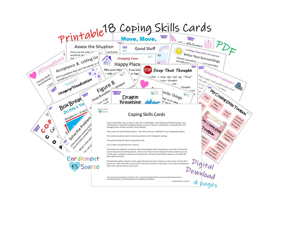 Coping Skills Cards - Printable PDF with 8 Cards for Kids