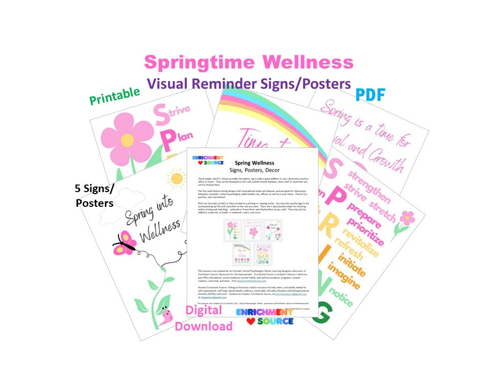Springtime Wellness Classroom, School Psychologist, School Counselor Positive Signs Posters