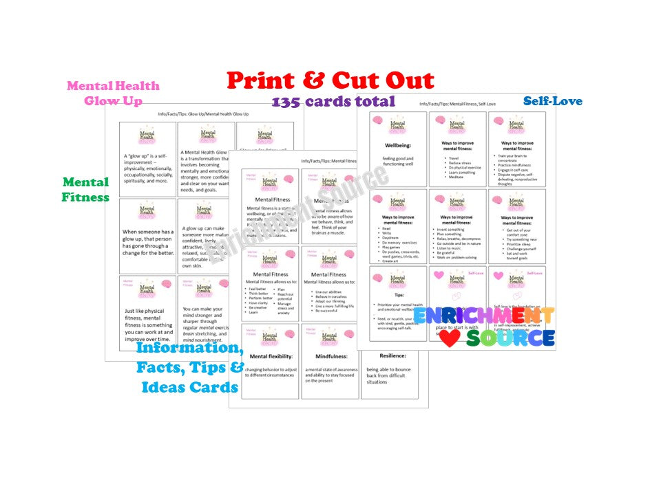 Mental Health Glow Up Flash Cards, Signs, Visual Reminders