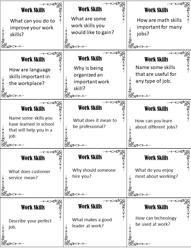 work skills printable flash cards